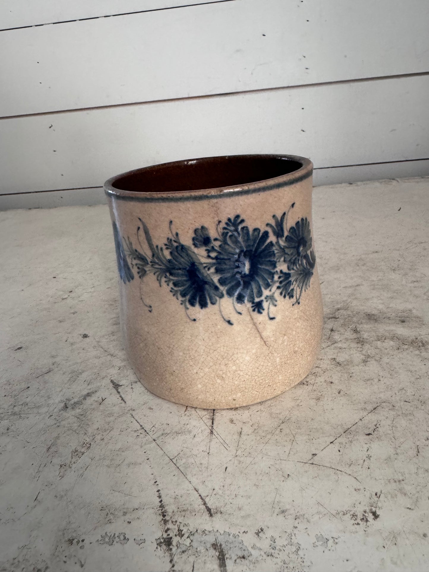 Antique blue floral print earthenware mug