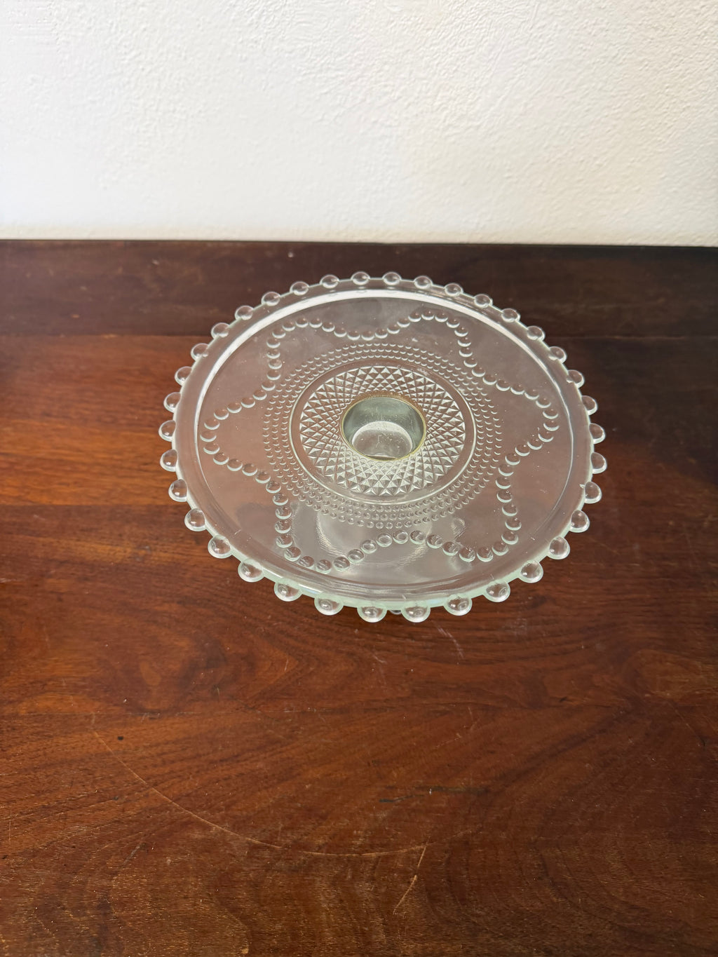 Vintgae Candlewick Style Beaded Glass Footed Cake Stand 8.5in Diameter