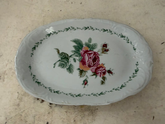 Vintage Gibson Victorian Rose Pattern Platter 13"x8" Vine Design Gold Color Trim