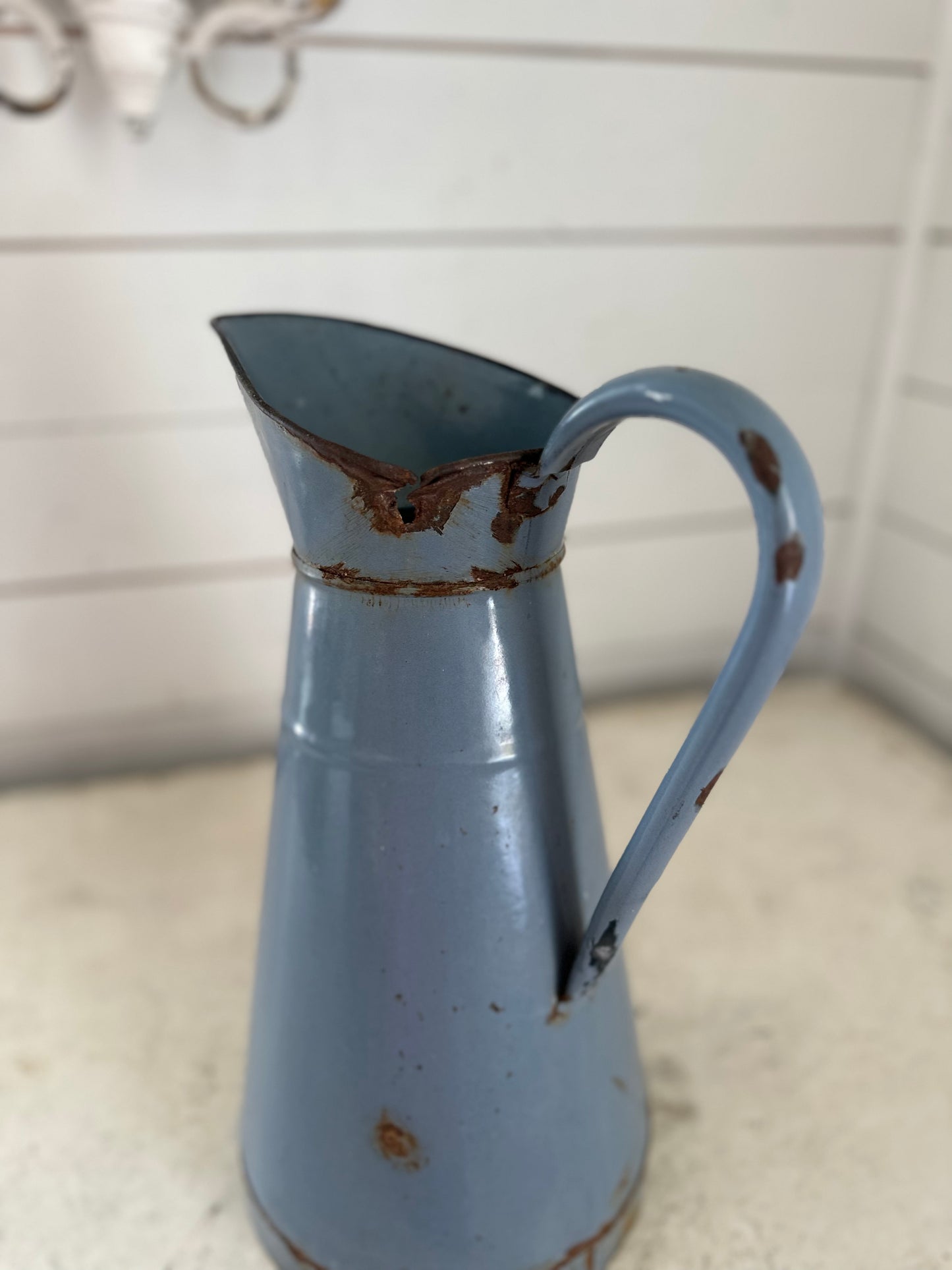 Large Blue French Enamel Pitcher - has wear as shown