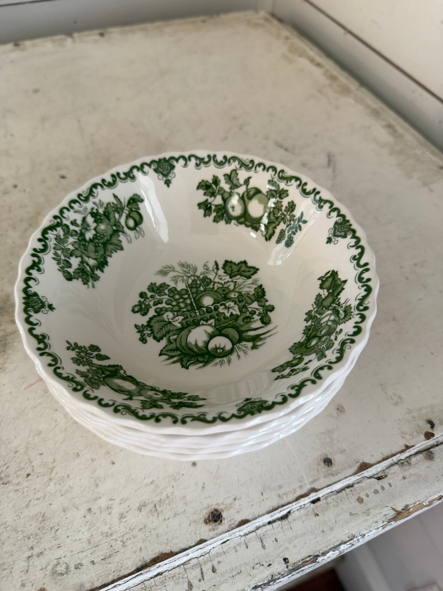 MASONS FRUIT BASKET I Ironstone Green Transferware l Rimmed Soup Bowl 6” l Made in England l Staffordshire sold individually