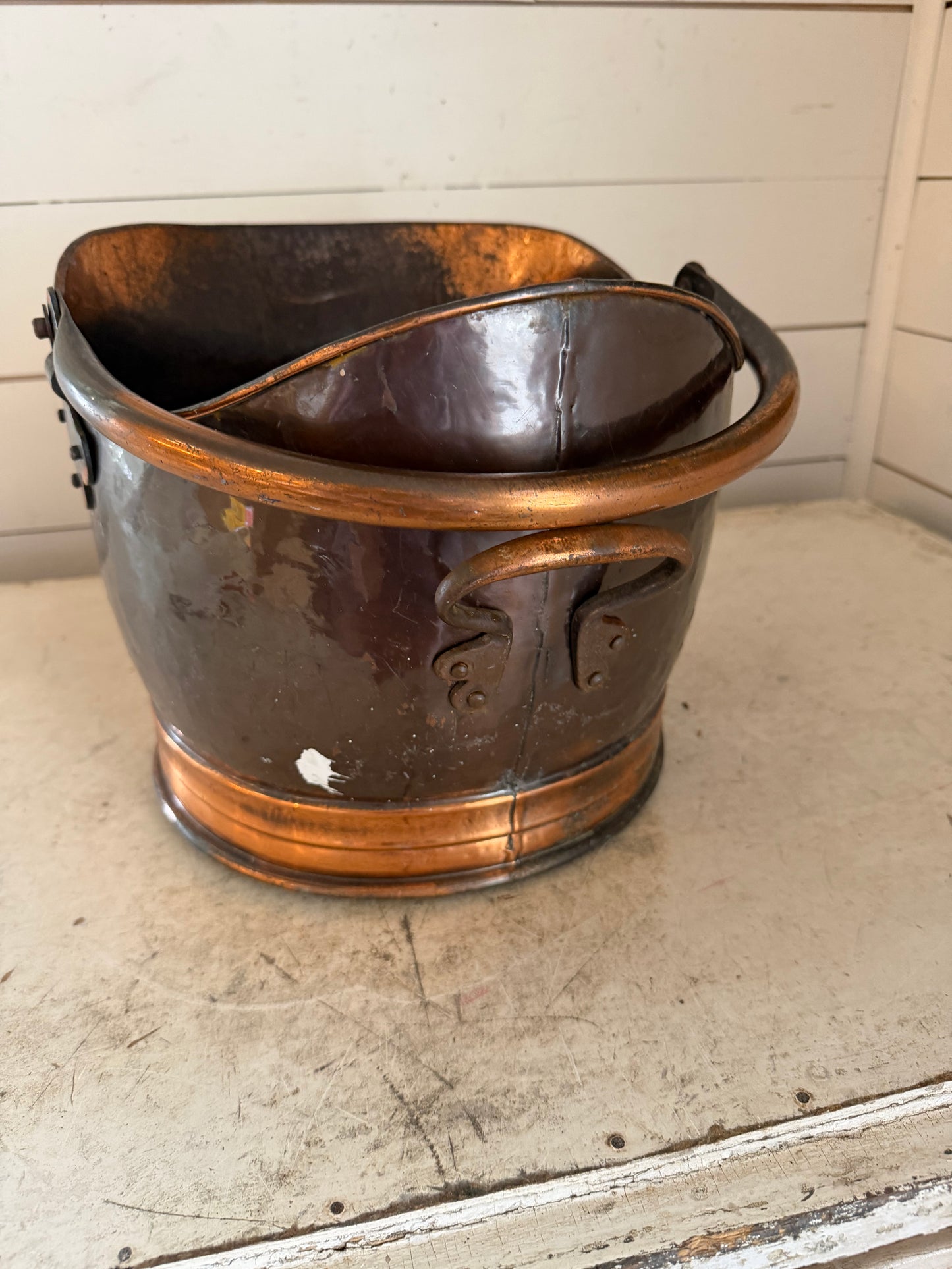 Victorian Copper Helmet Coal Scuttle - as is