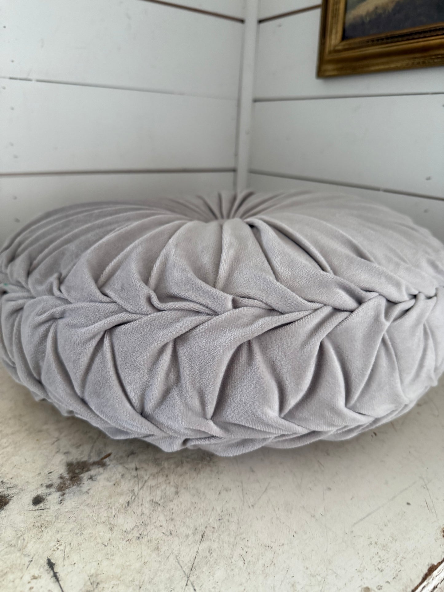 Pleated Tufted Gray Velvet Round Pillow