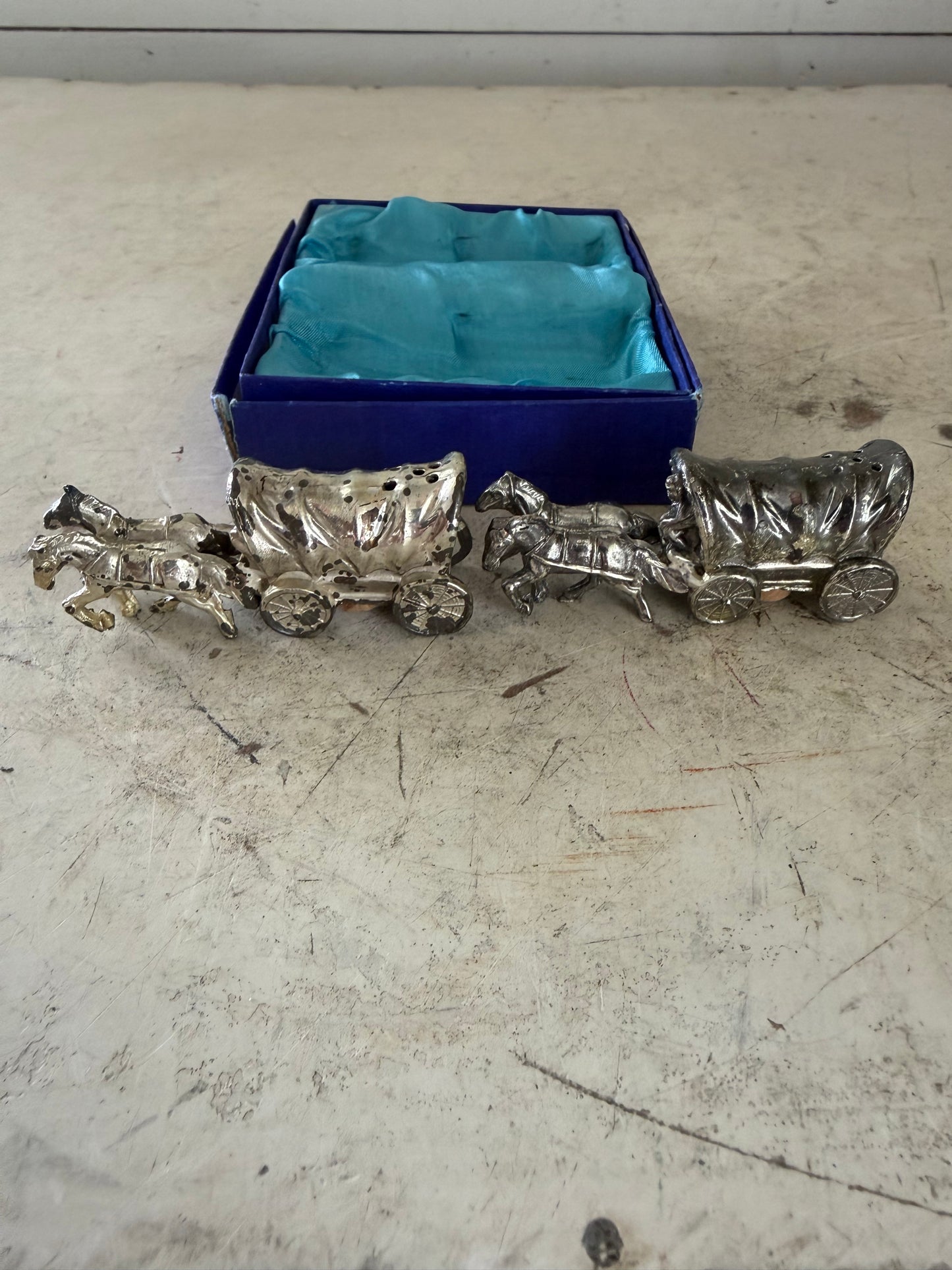 Vintage Silver Plate Horse Drawn Covered Wagon Salt and Pepper Shaker