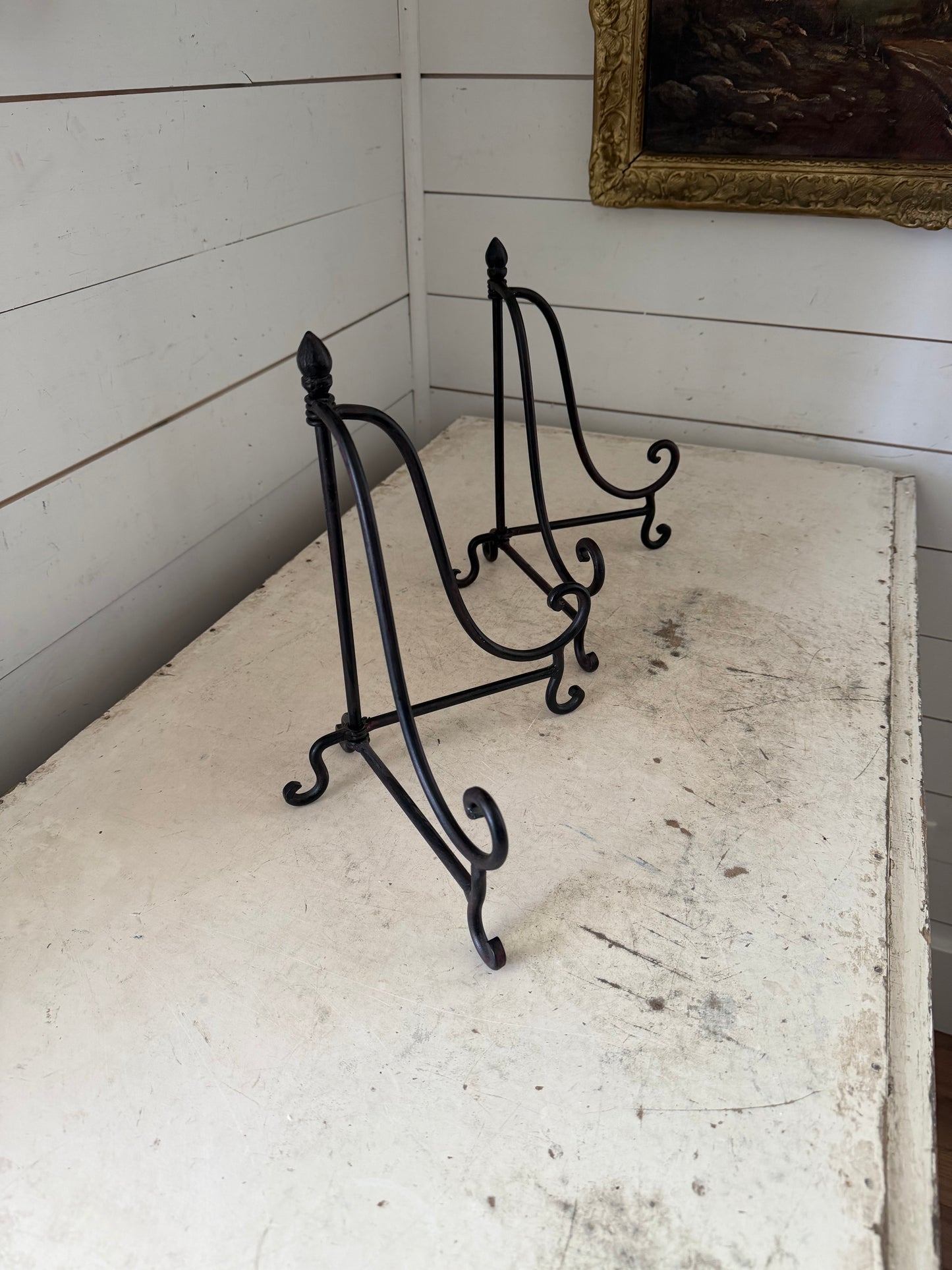 Black metal scrollwork tabletop display easels,  folding tripod -SOLD INDIVIDUALLY
