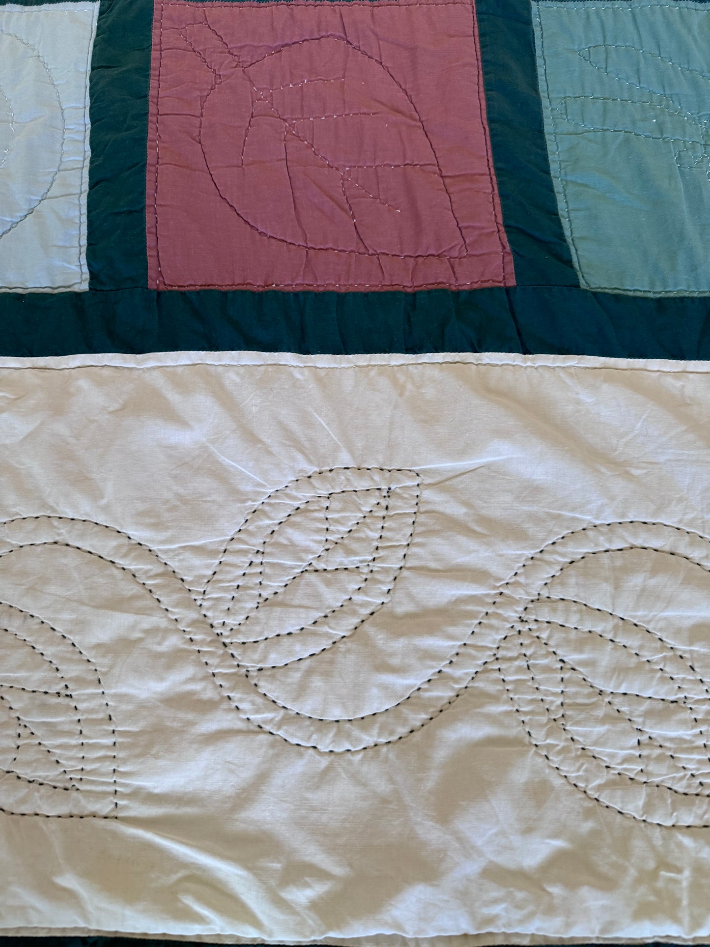 Hand Made Square Block With Leaves Queen Quilt - has stain