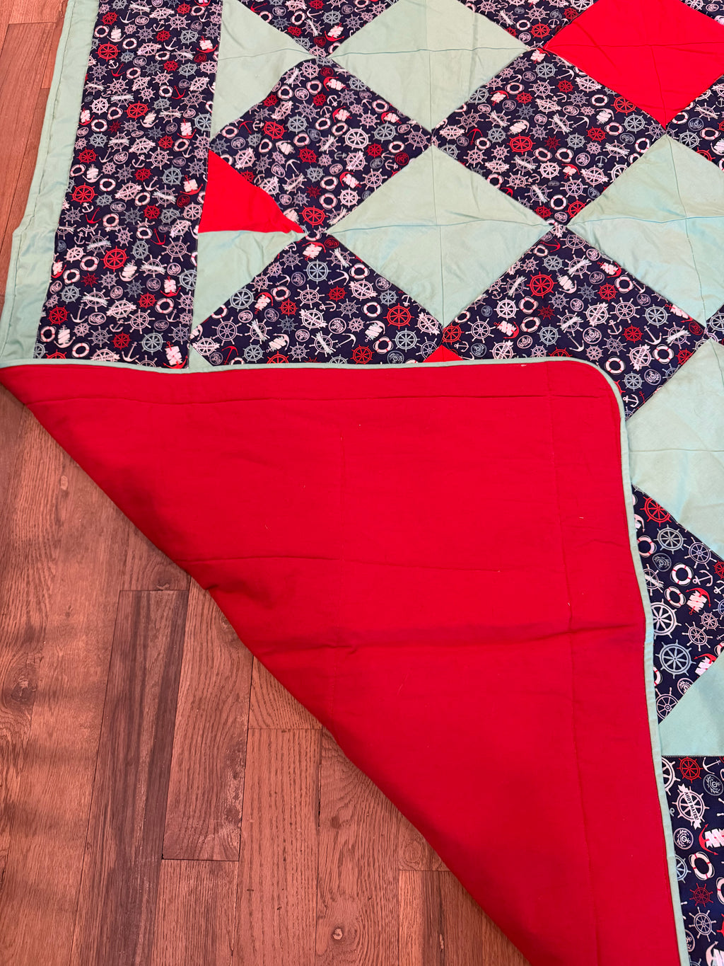Handmade nautical-themed patchwork quilt a boxed-in pattern - TWIN