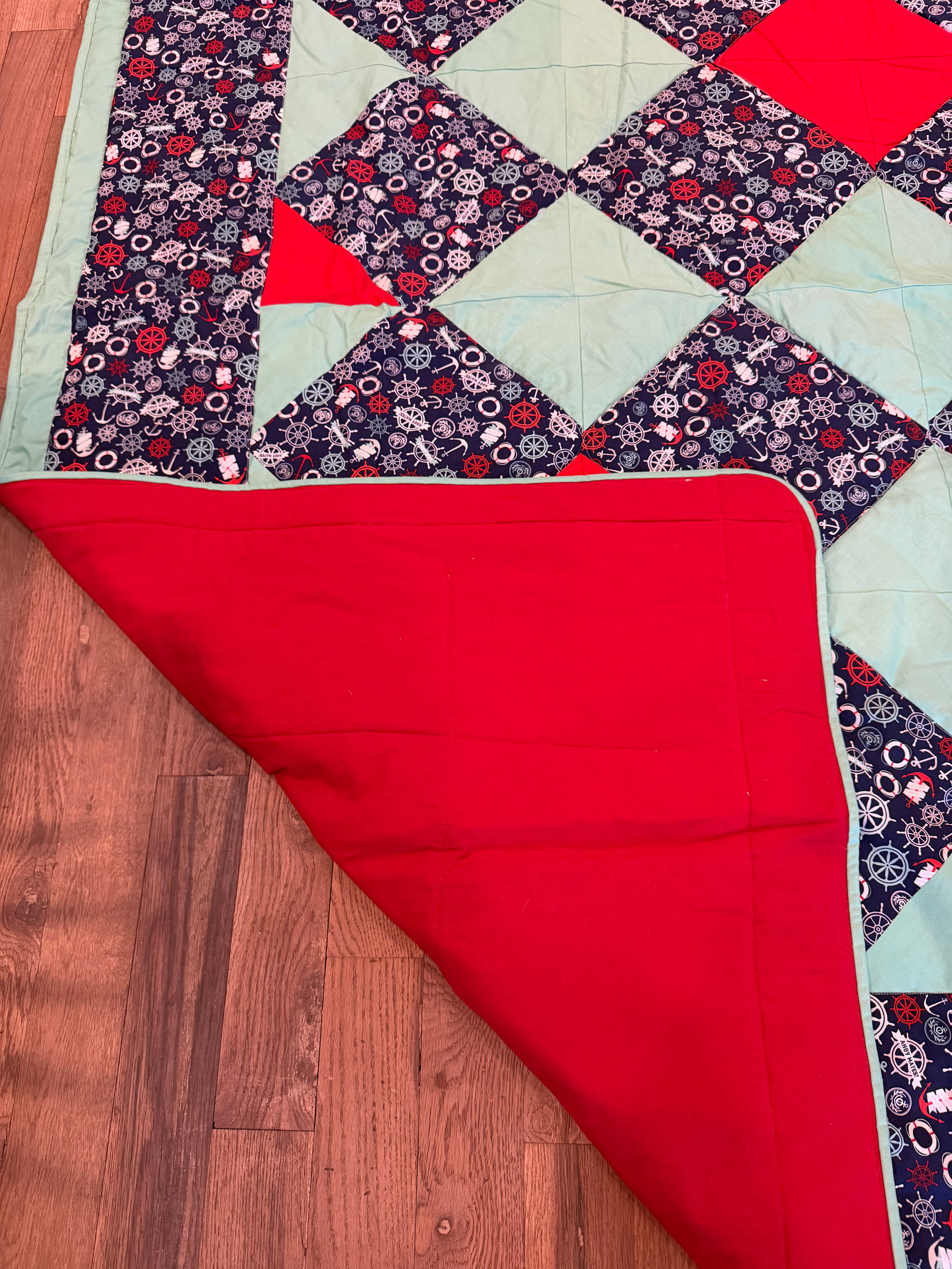 Handmade nautical-themed patchwork quilt a boxed-in pattern - TWIN
