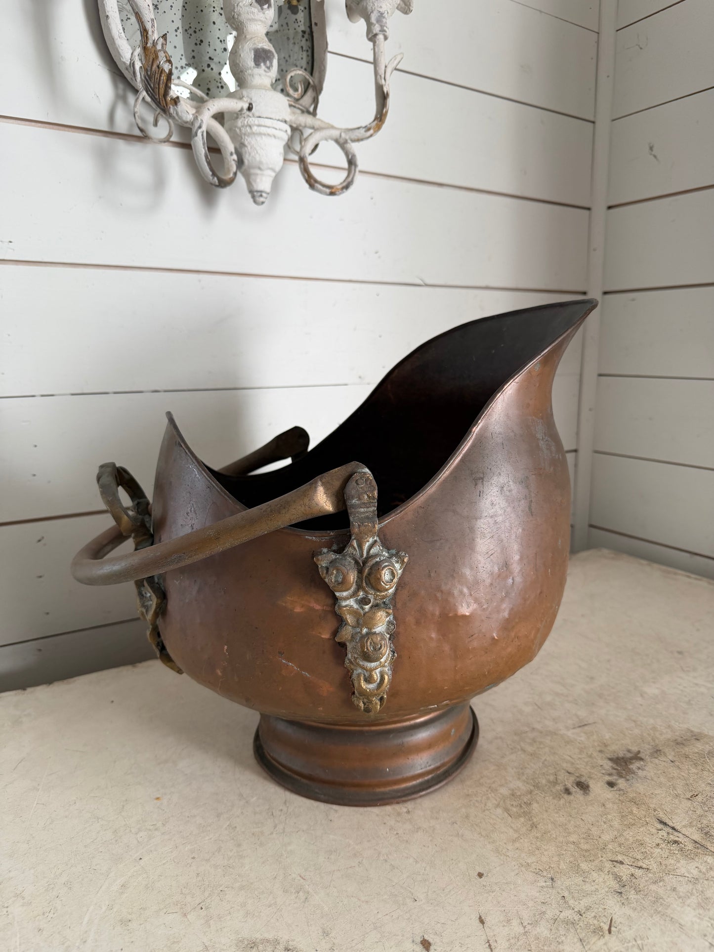 Victoria Copper Coal Skuttle with cast brass floral detail