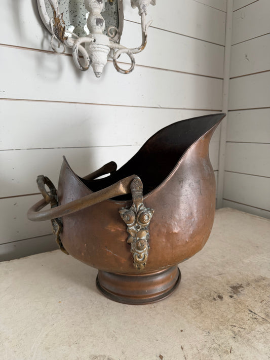 Victoria Copper Coal Skuttle with cast brass floral detail