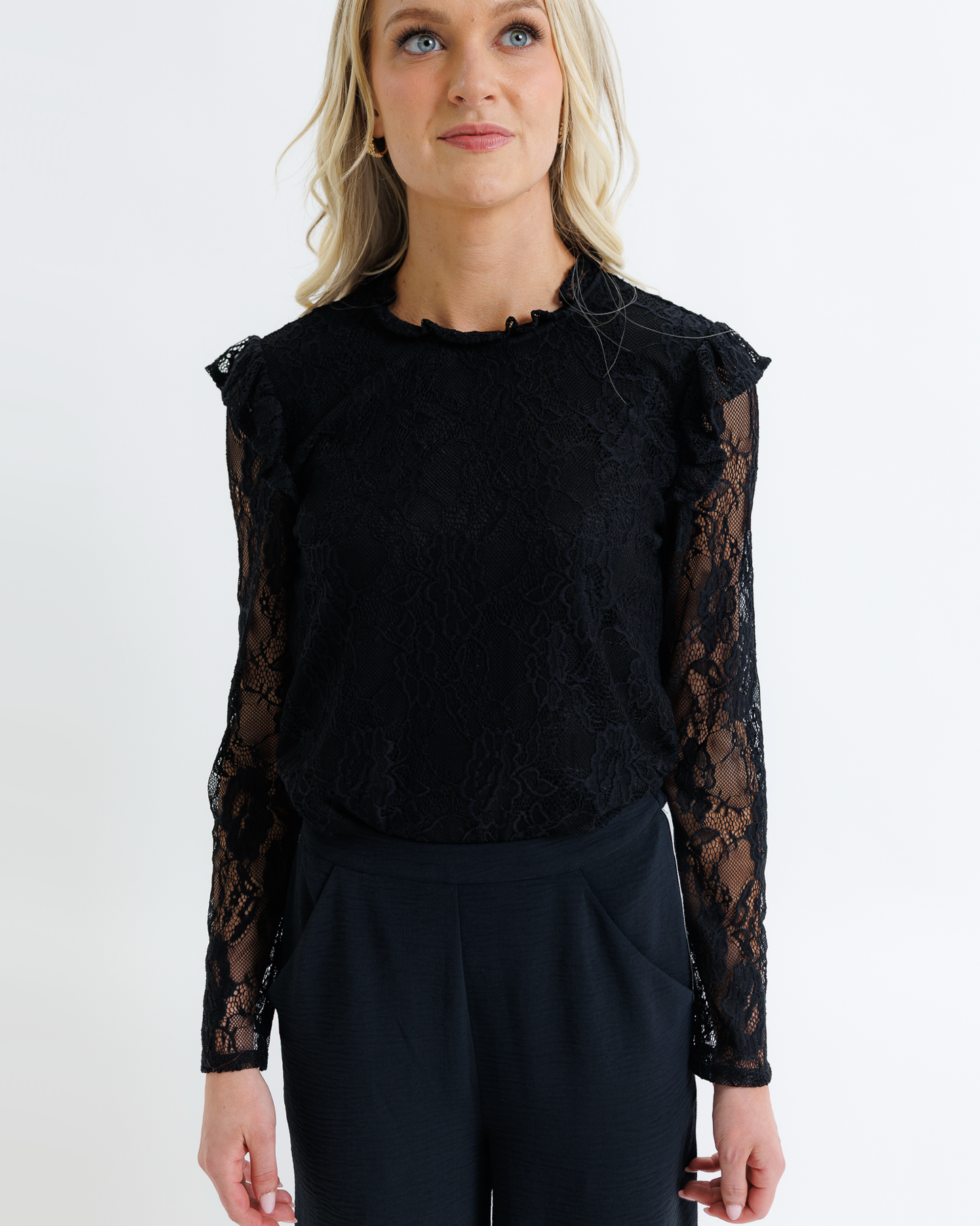 Robyn Black Lace Long Sleeve Ruffled Top