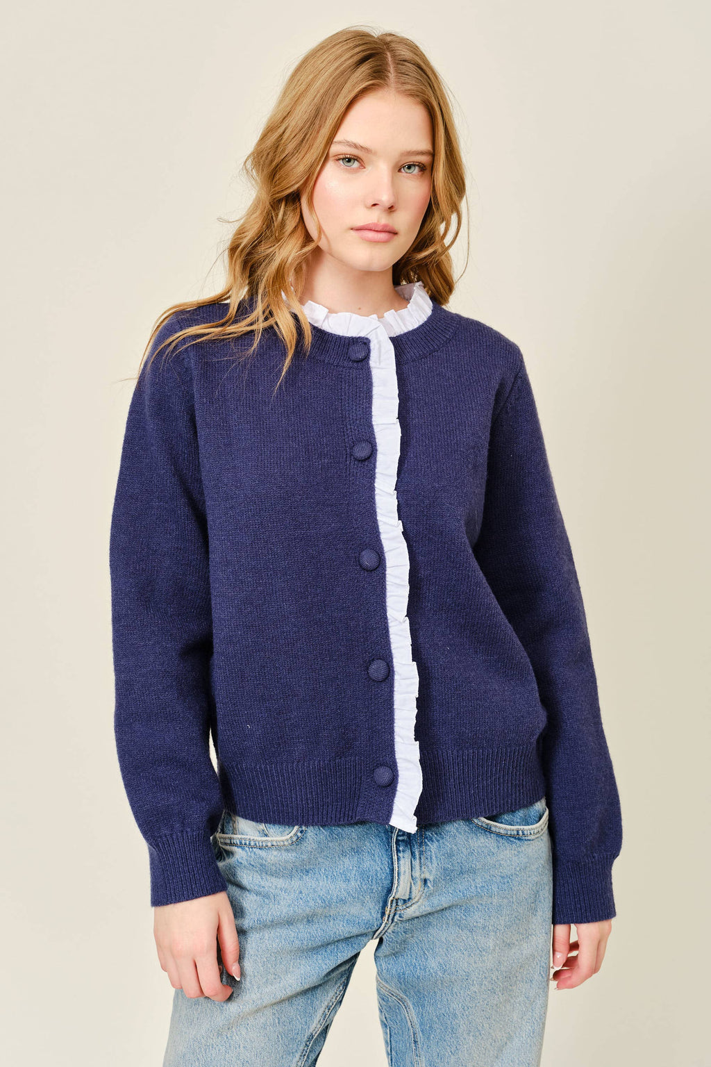 CONTRAST RUFFLE TRIM KNIT CARDIGAN