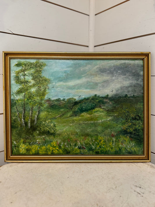 Vintage English Countryside Oil Painting with Frame