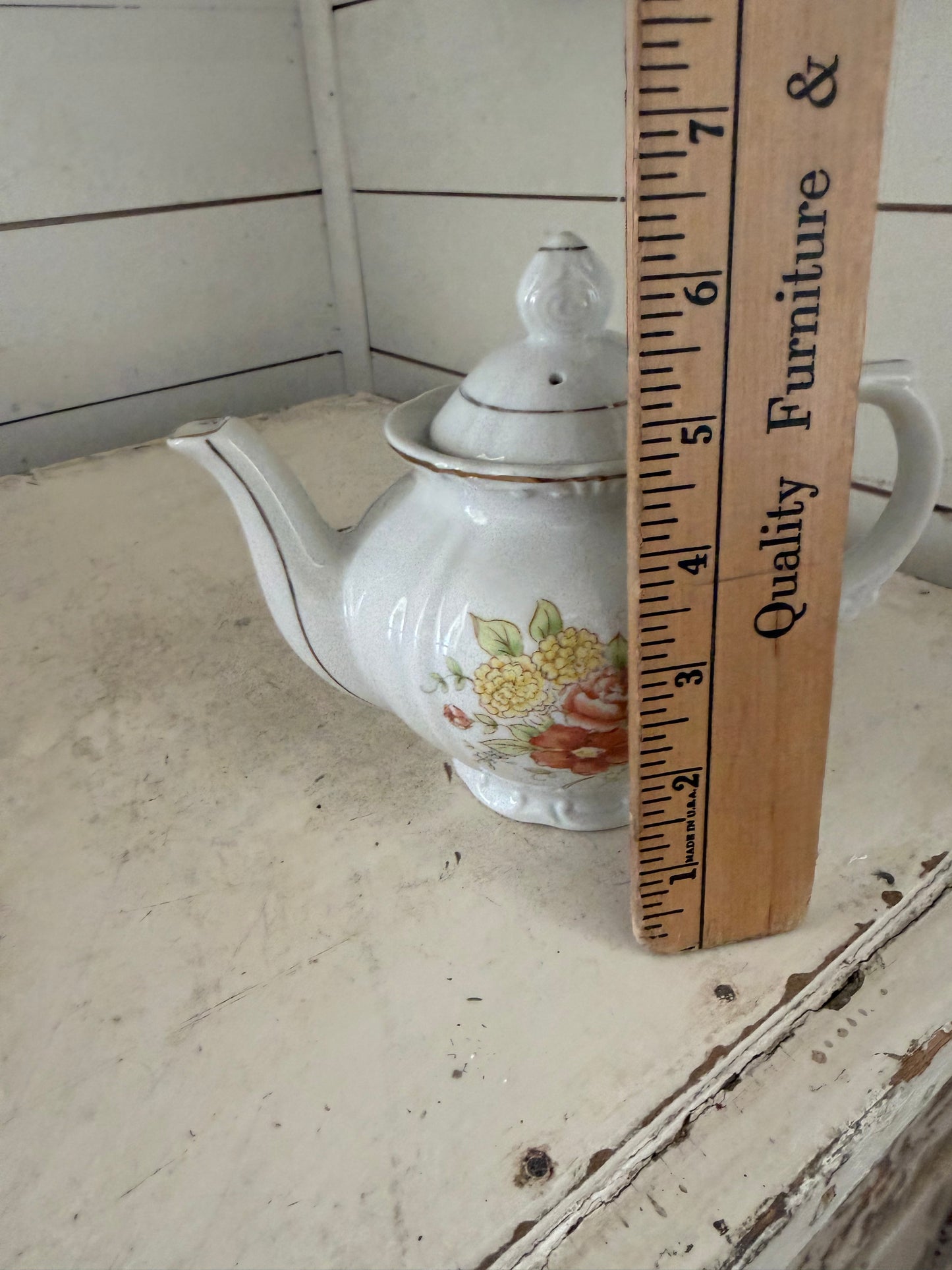 Nagoya Japan National Silver Co 3 Cup Teapot Vtg - White with Floral Motif Gold