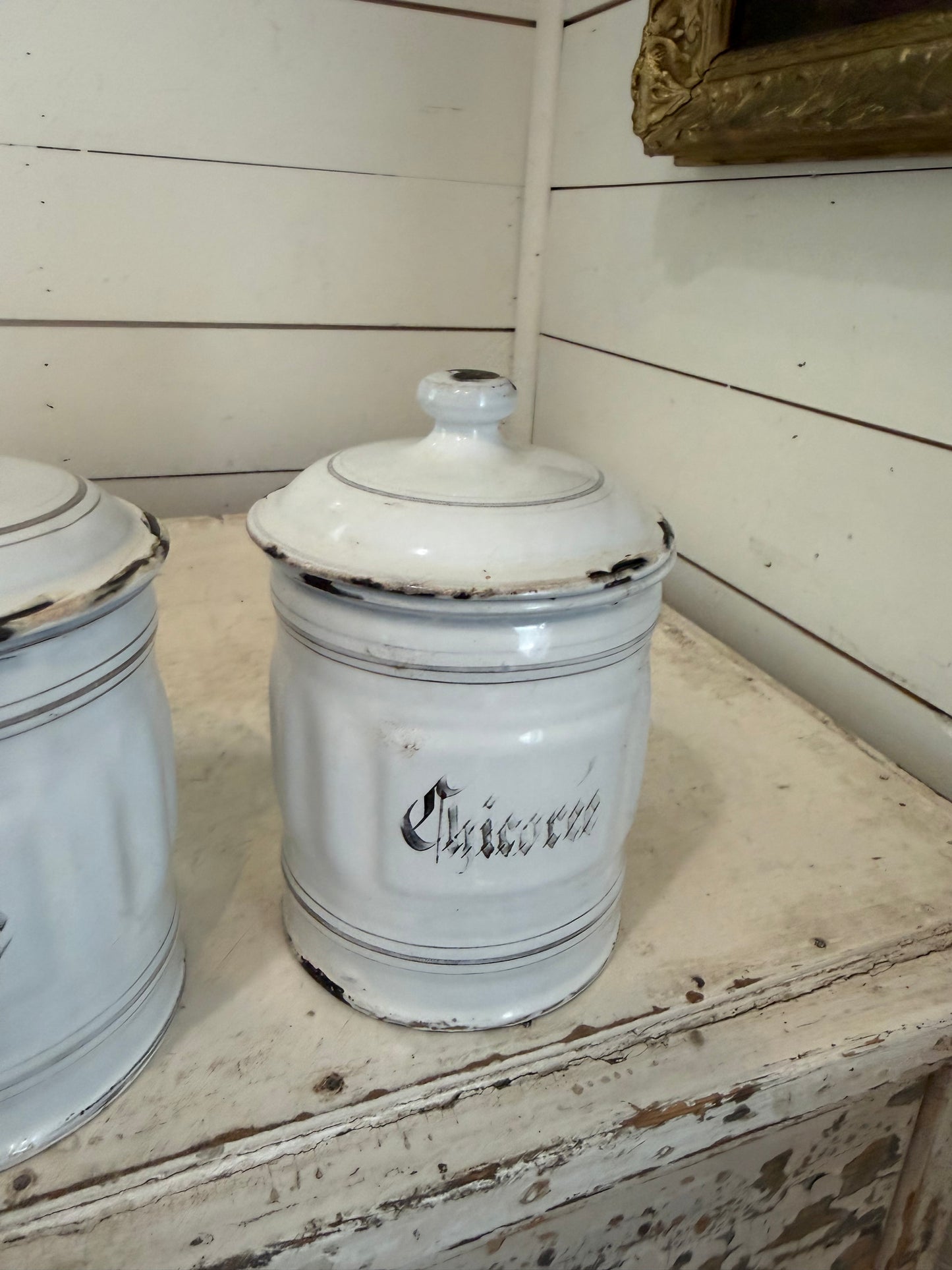 Antique French  white enamelware canisters set of 3