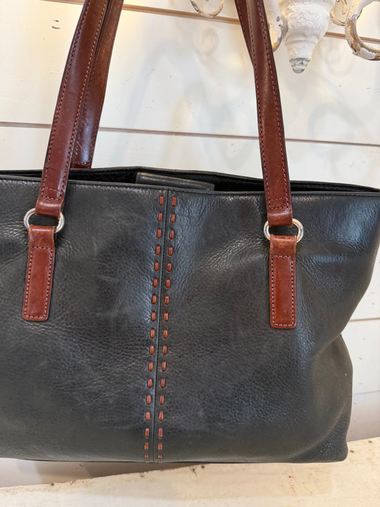 Fossil Dark Green Leather Handbag W/ Rich Brown Handles & Decorative Stitching