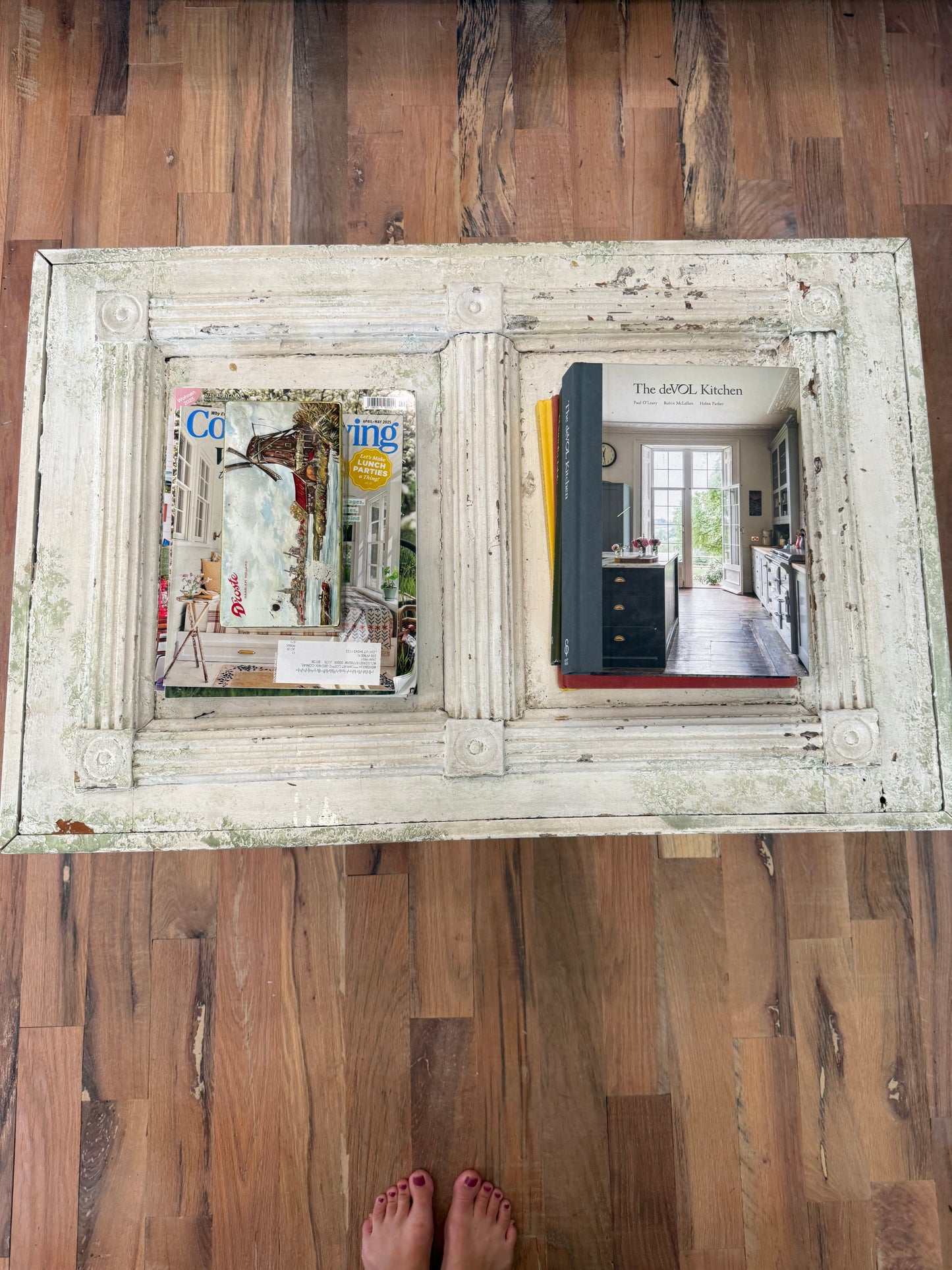 Chippy Custom Old Door Coffee Table with rustic turned legs