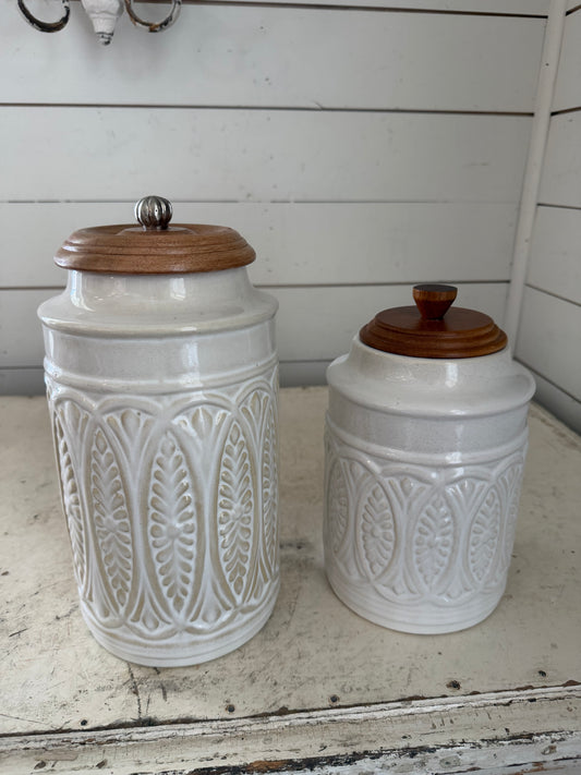 Set of Ivory Farmhouse Canisters with Wood Lids