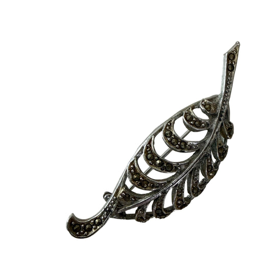 Vintage Silver Tone Leaf Brooch Marcasite Accents