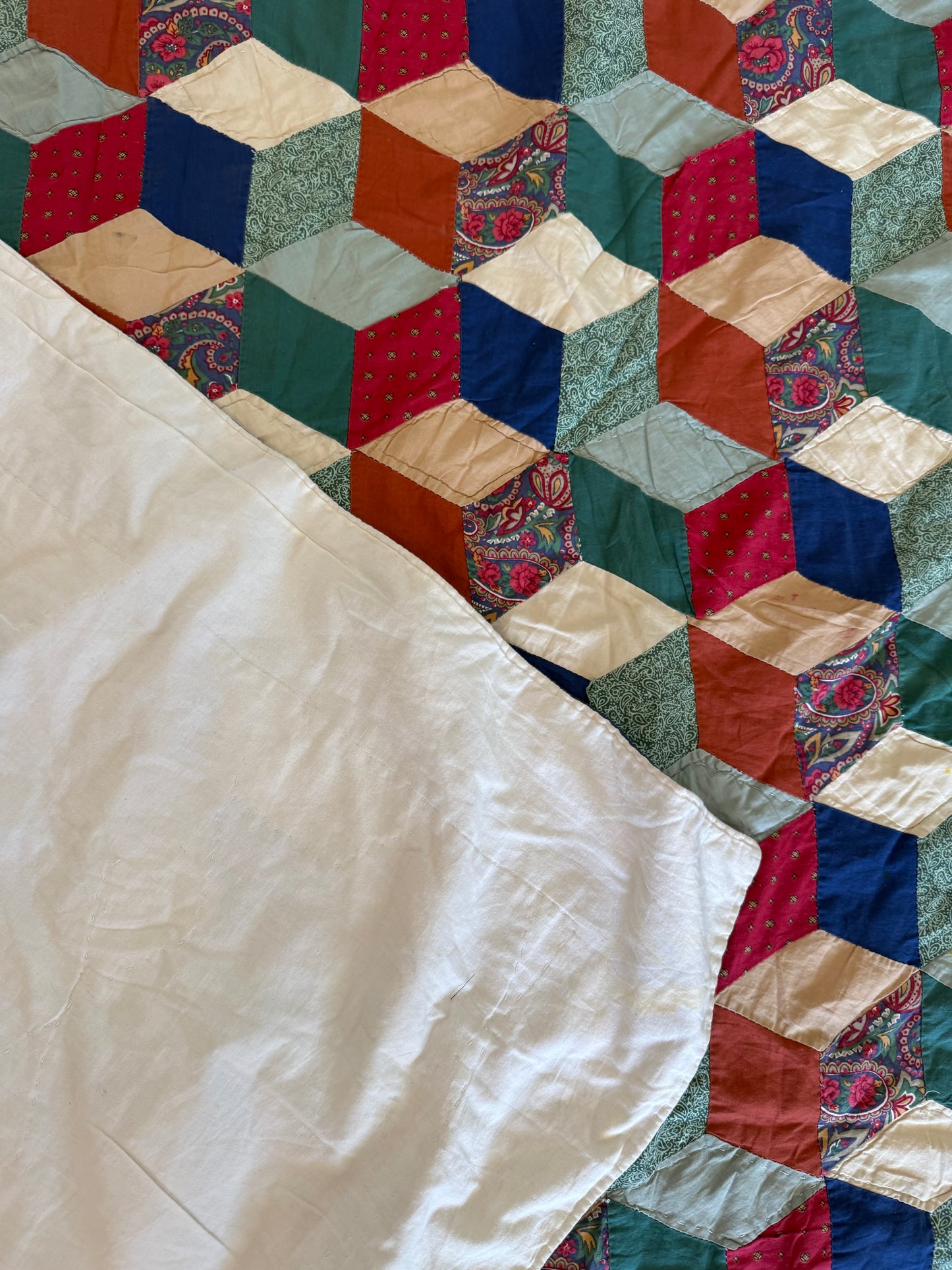 Vintage Tumbling Blocks Hand Pieced Twin Quilt - as is has imperfections