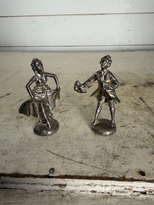 Pair of vintage pewter figurines depicting a courting lady and gentleman