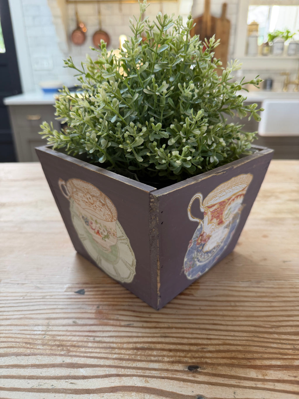 Hand Painted Teacup Wood Box greenery not included