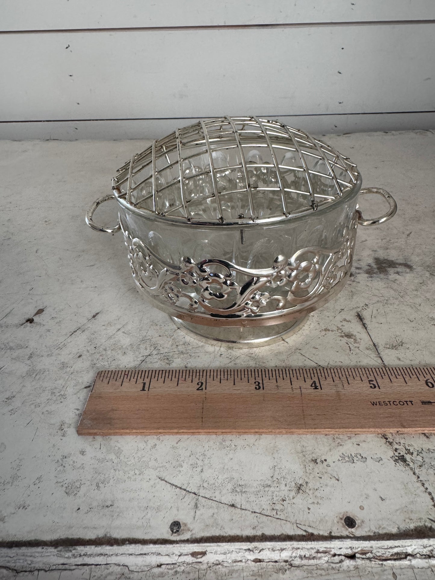 Vintage silver dish with glass bowl and flower frog