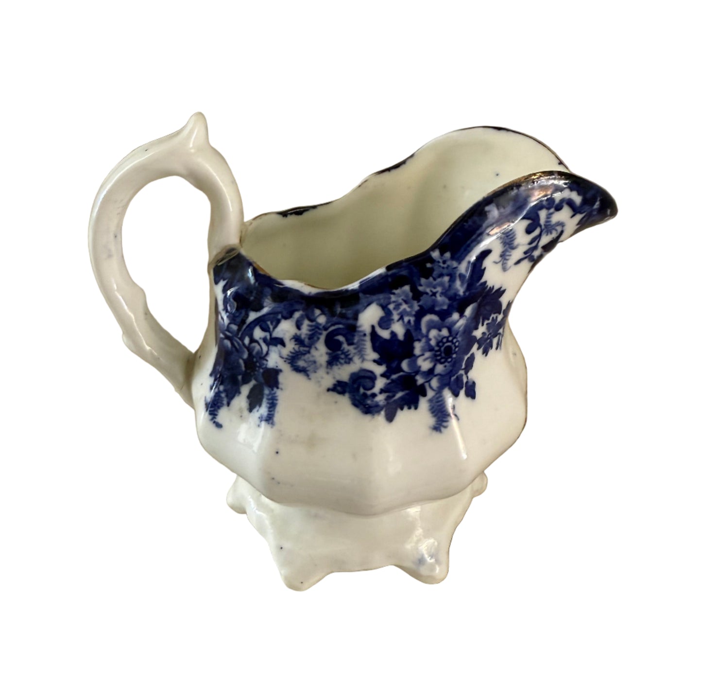 Antique flow blue creamer small pitcher handle has been glued back on
