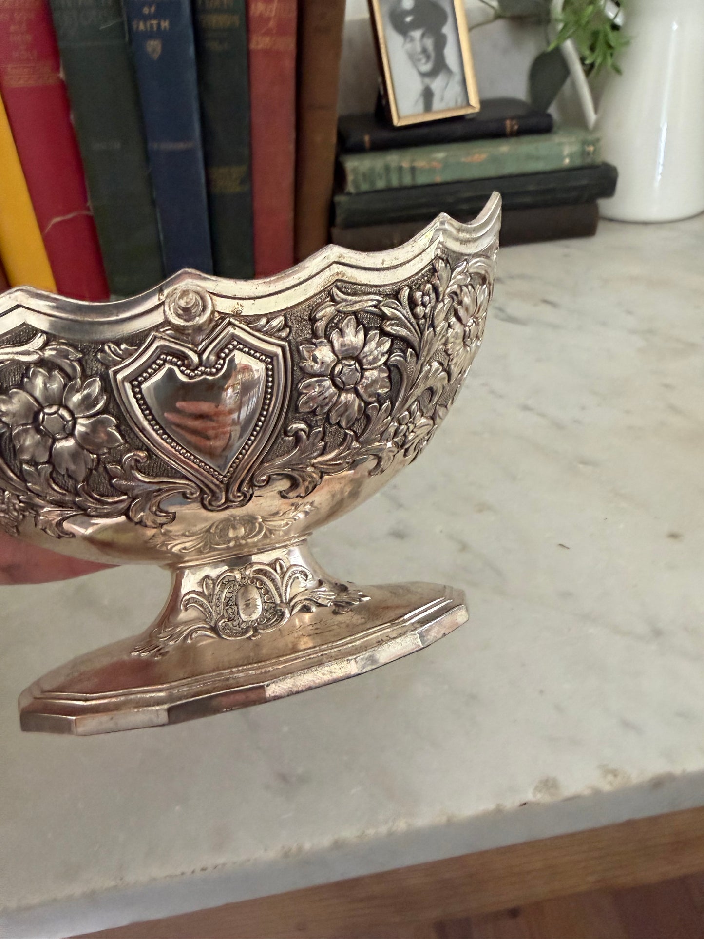 Lacquered silver plate pedestal bowl