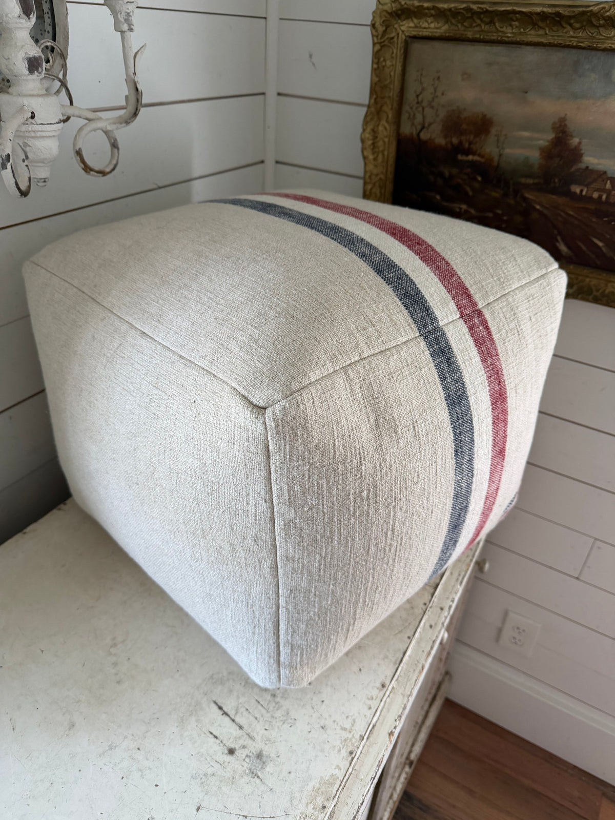 Pottery Barn American Flag Patriotic Grain Sack Pouf