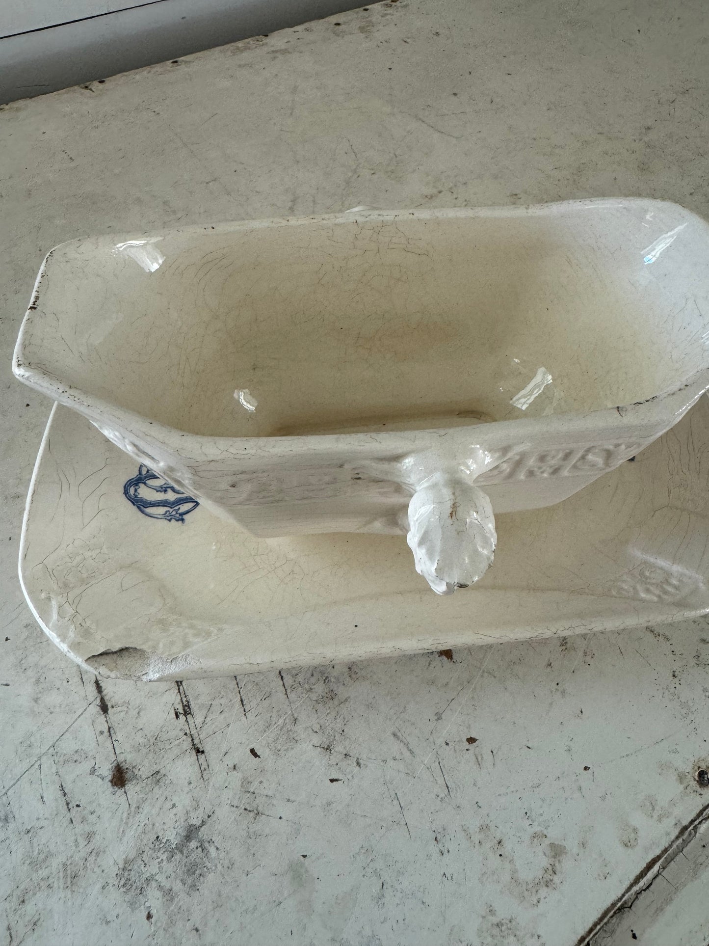 French Longchamp Monogram Ironstone Sauce Boat has chips