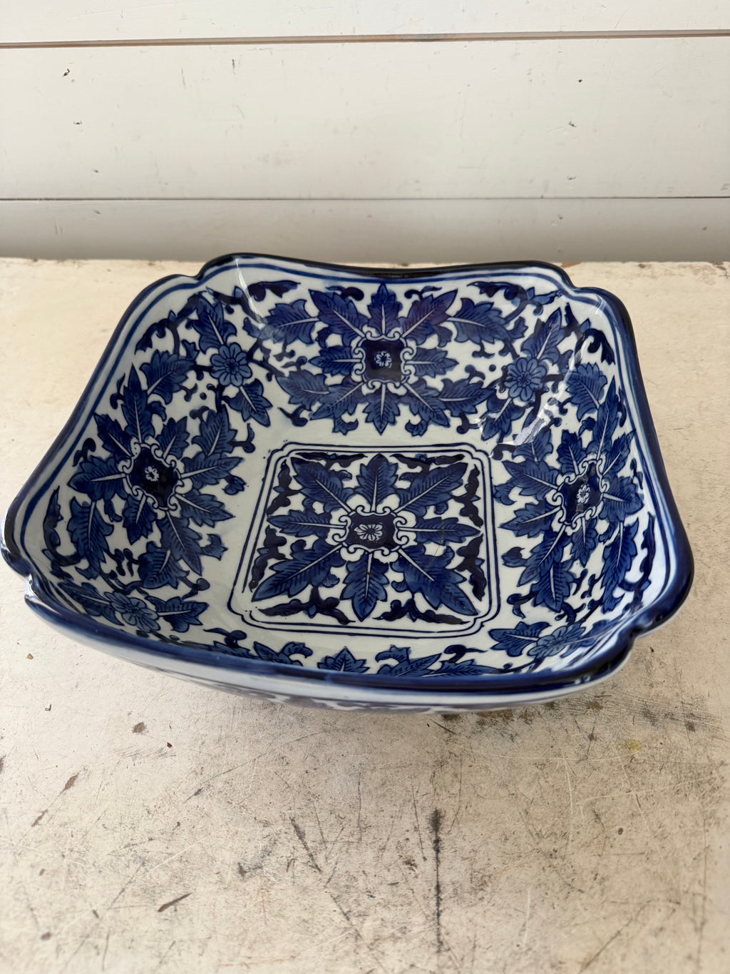 Ceramic blue and white square serving bowl
