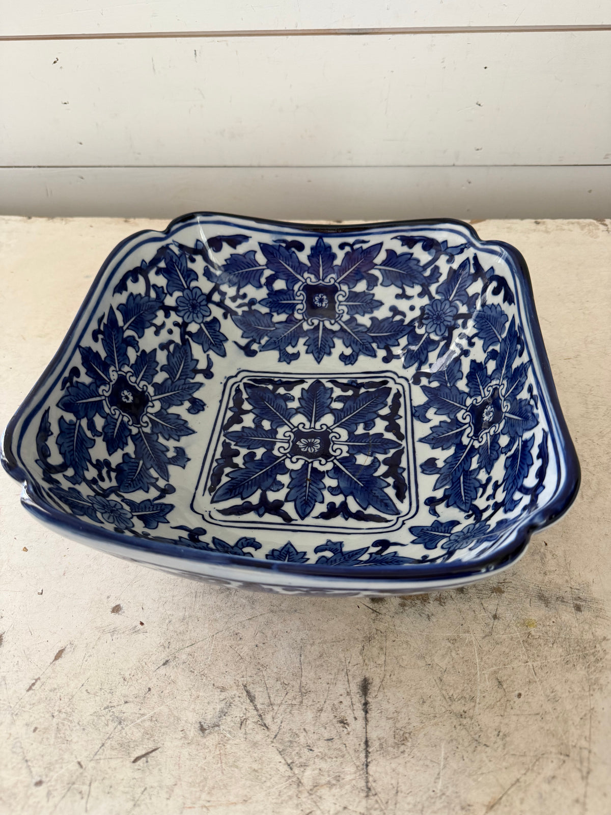 Ceramic blue and white square serving bowl