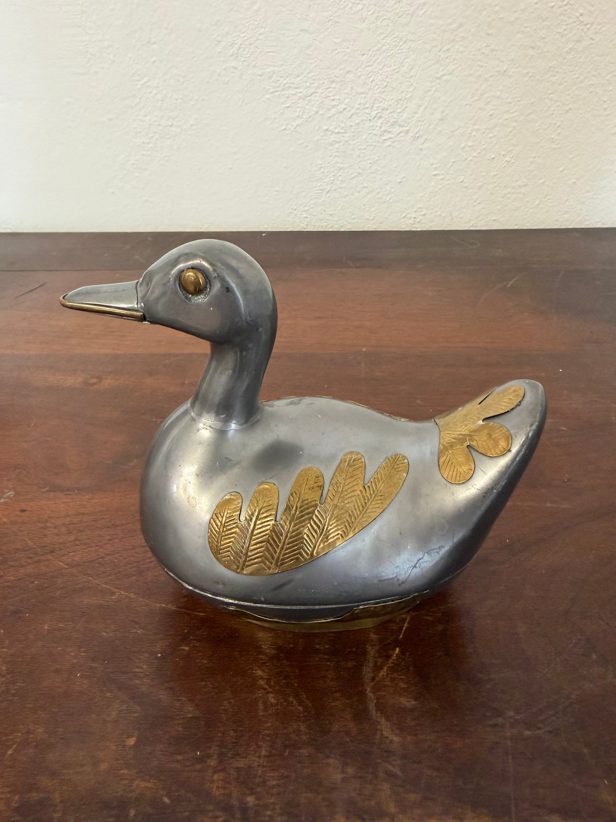 Vintage Pewter Brass Inlay Duck Trinket Box