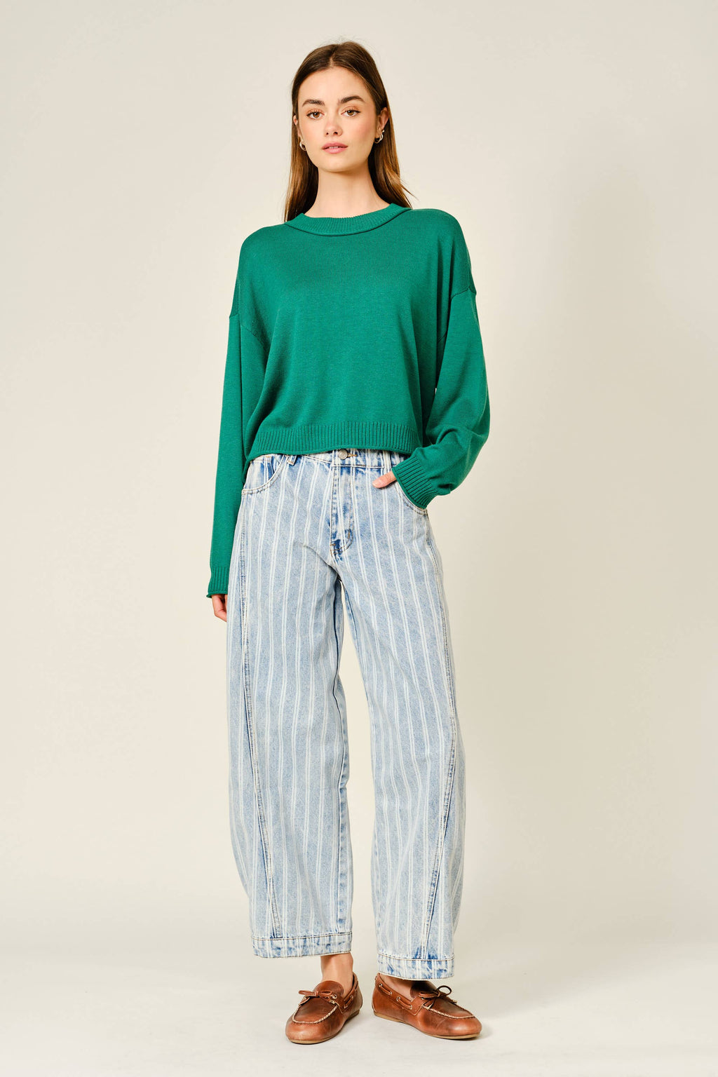 STRIPED DENIM BALLOON WASHED JEANS