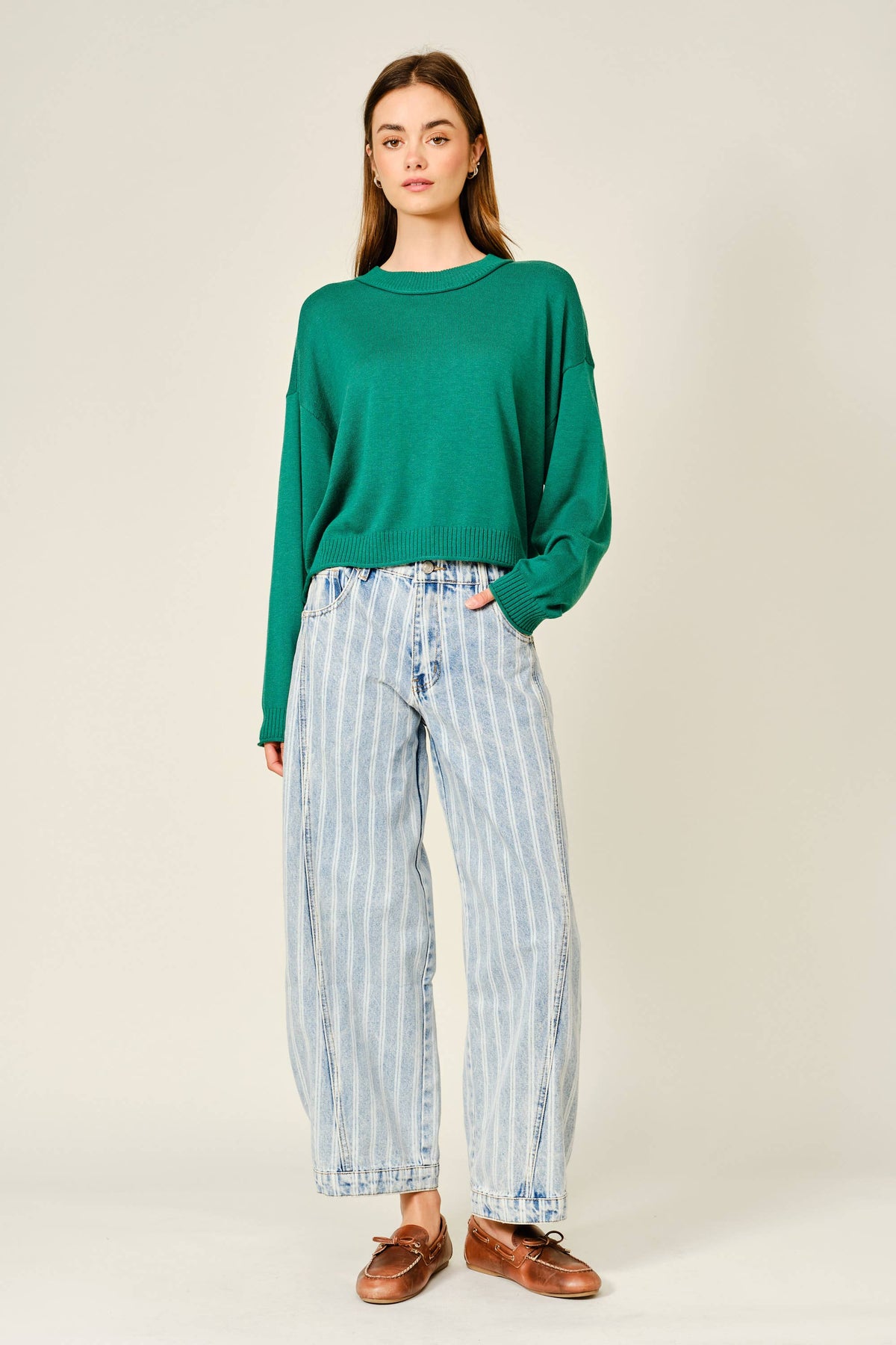 STRIPED DENIM BALLOON WASHED JEANS