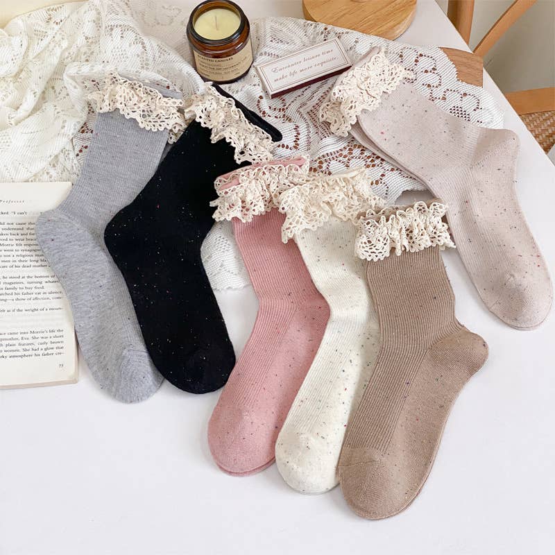 Lace ruffle girl style solid socks