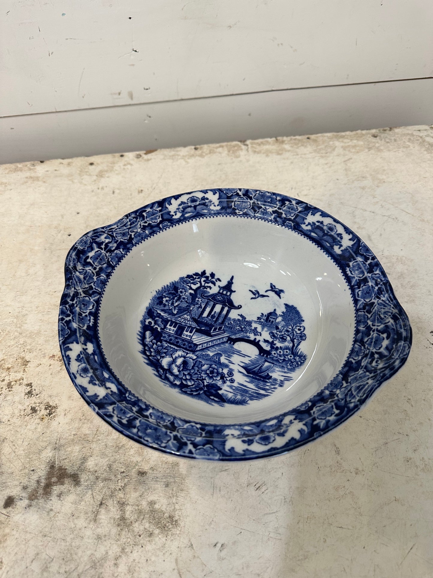Blue Willow Pattern Vegetable Dish/ Bowl with Lid - lid was broken we glued it together