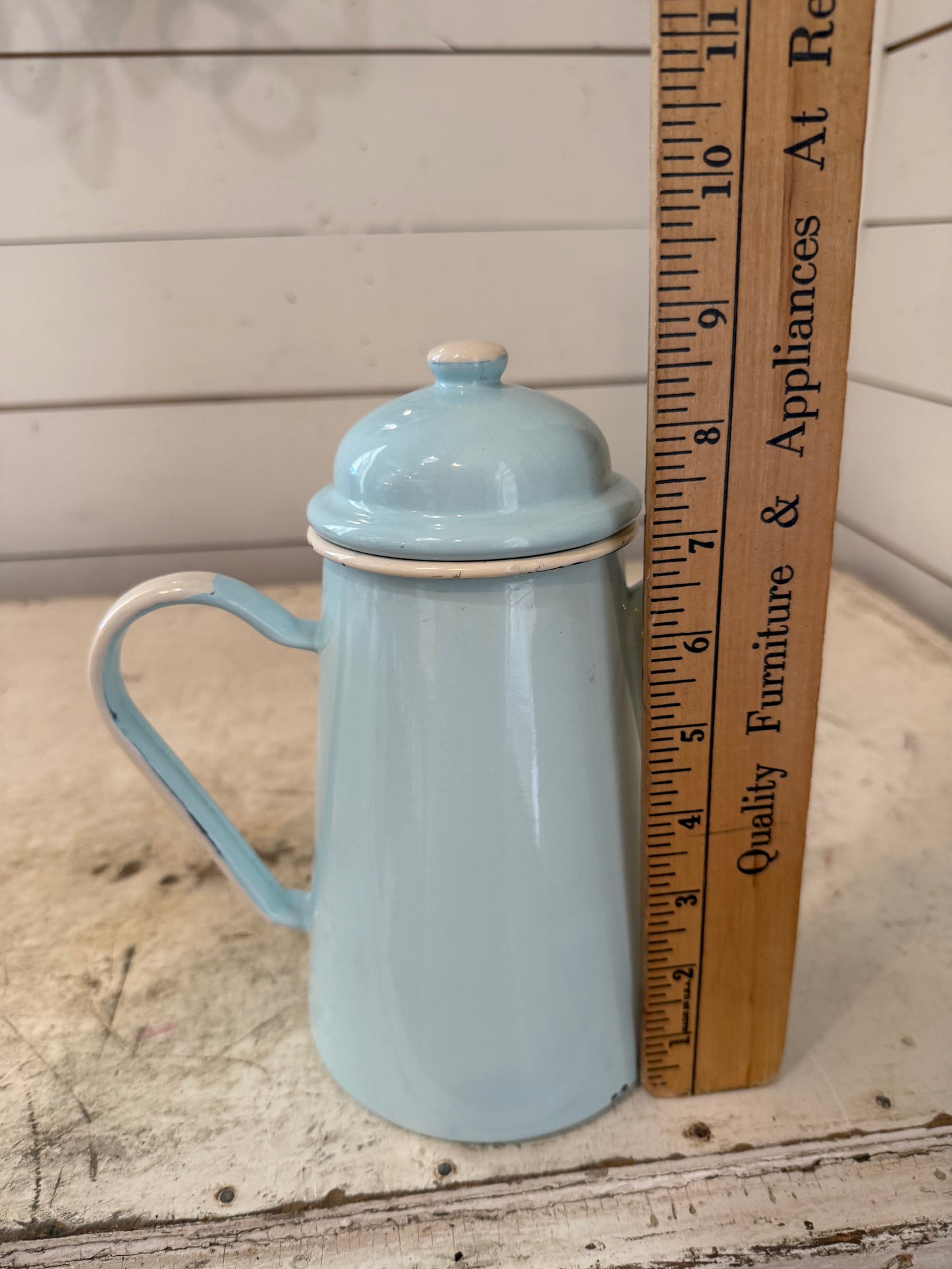 Vintage French Enamel Teapot Light Blue & white