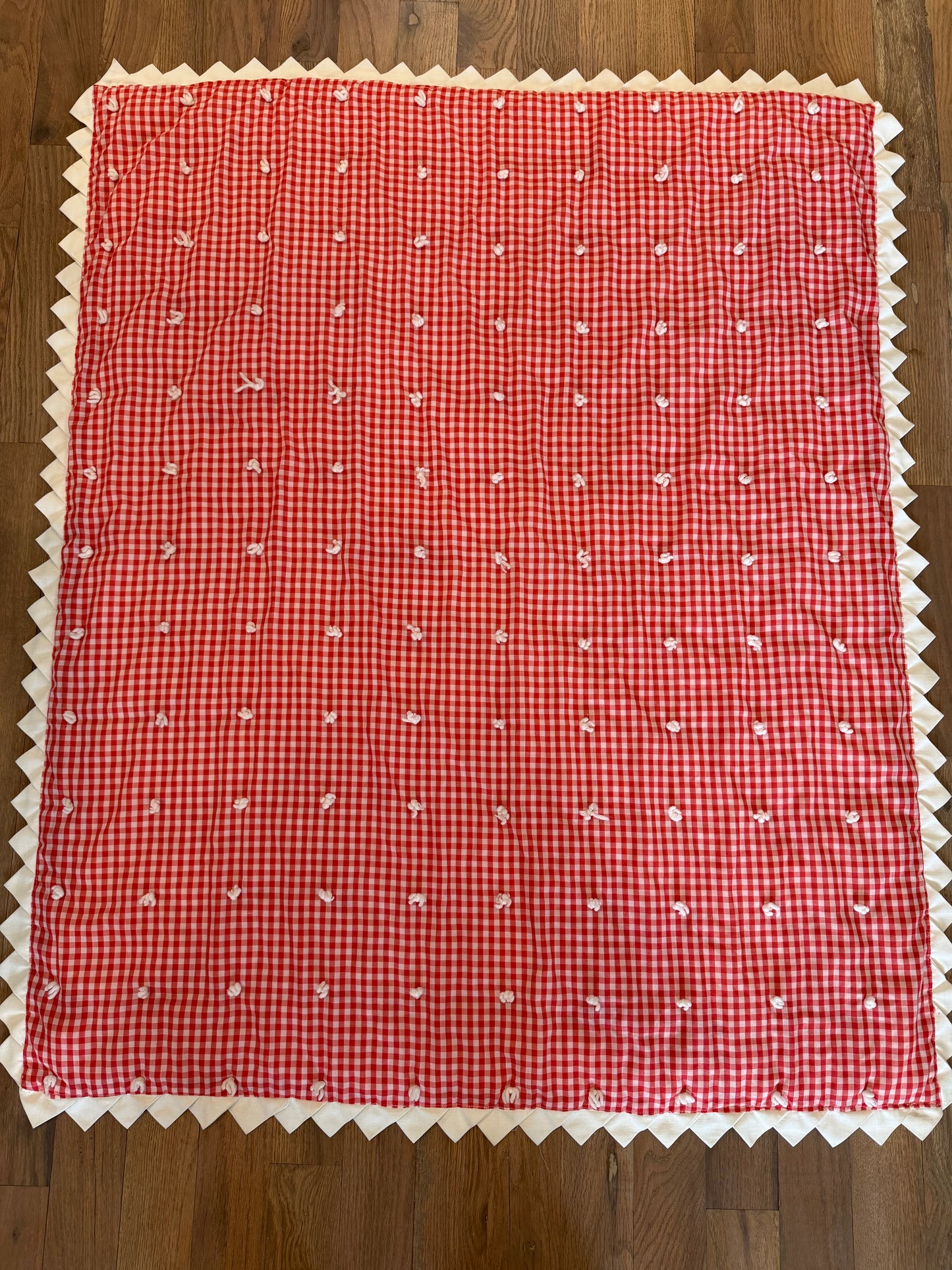 Red Baby Quilt with White scalloped Trim