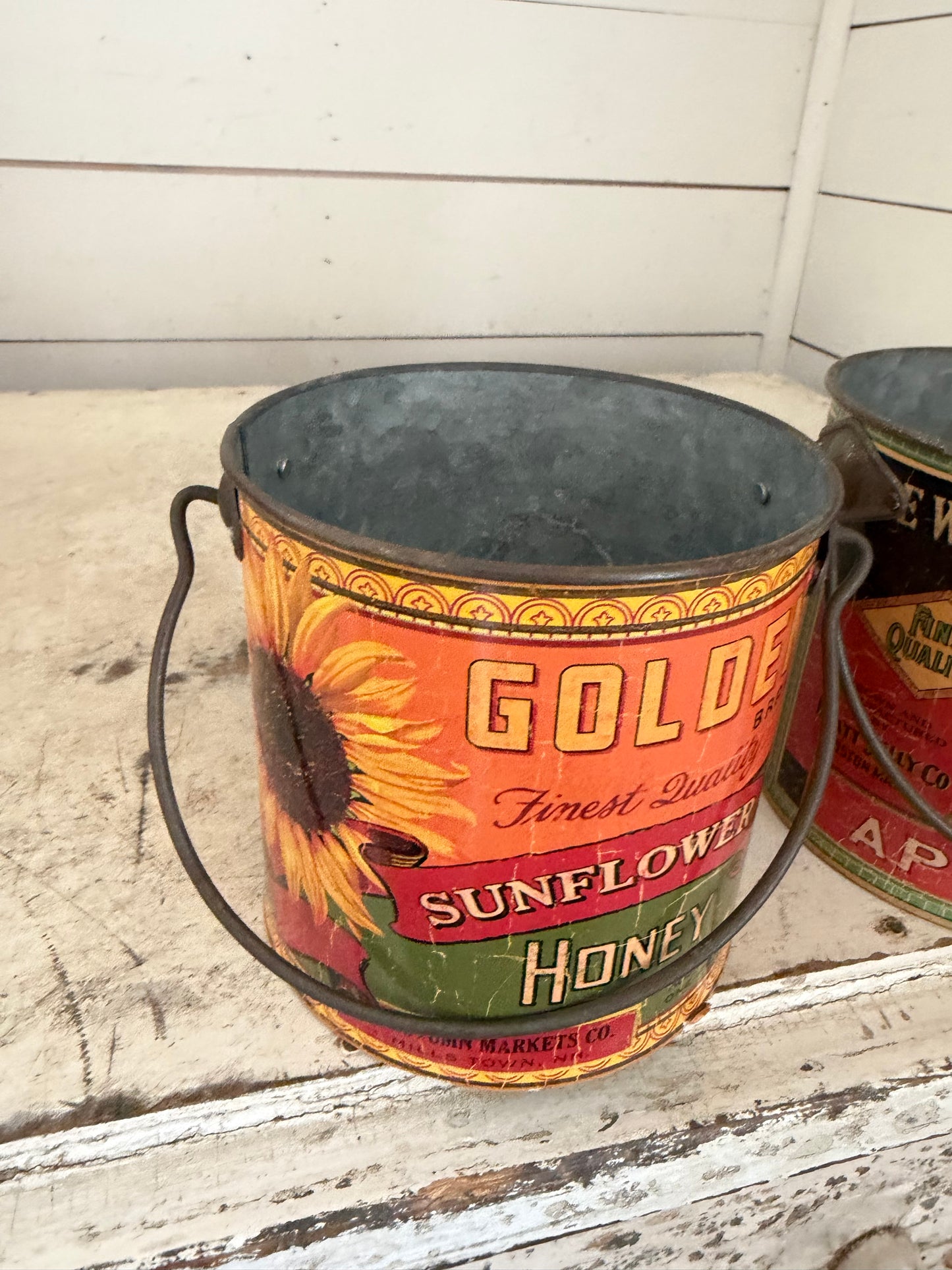 Vintage style fruit label metal bucket planter sold individually