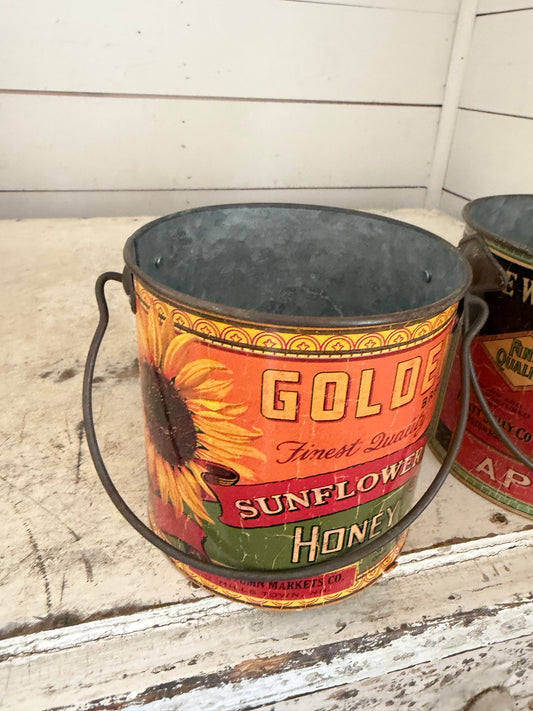 Vintage style fruit label metal bucket planter sold individually