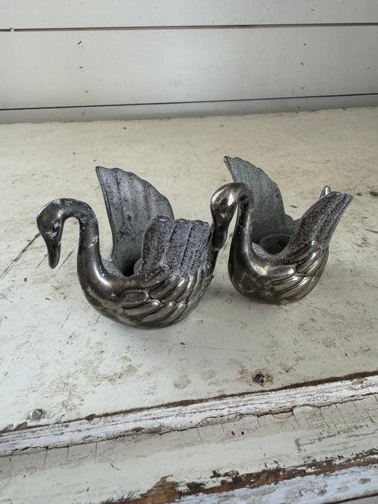 Silver Swan Candleholders Set - oxidized