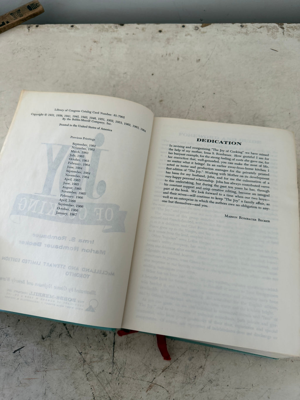 1967 hardcover edition of the iconic Joy of Cooking cookbook by Irma S. Rombauer