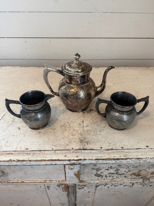 Pelton Bros Vintage Quadruple Plate Silver Teapot Sugar and creamer set