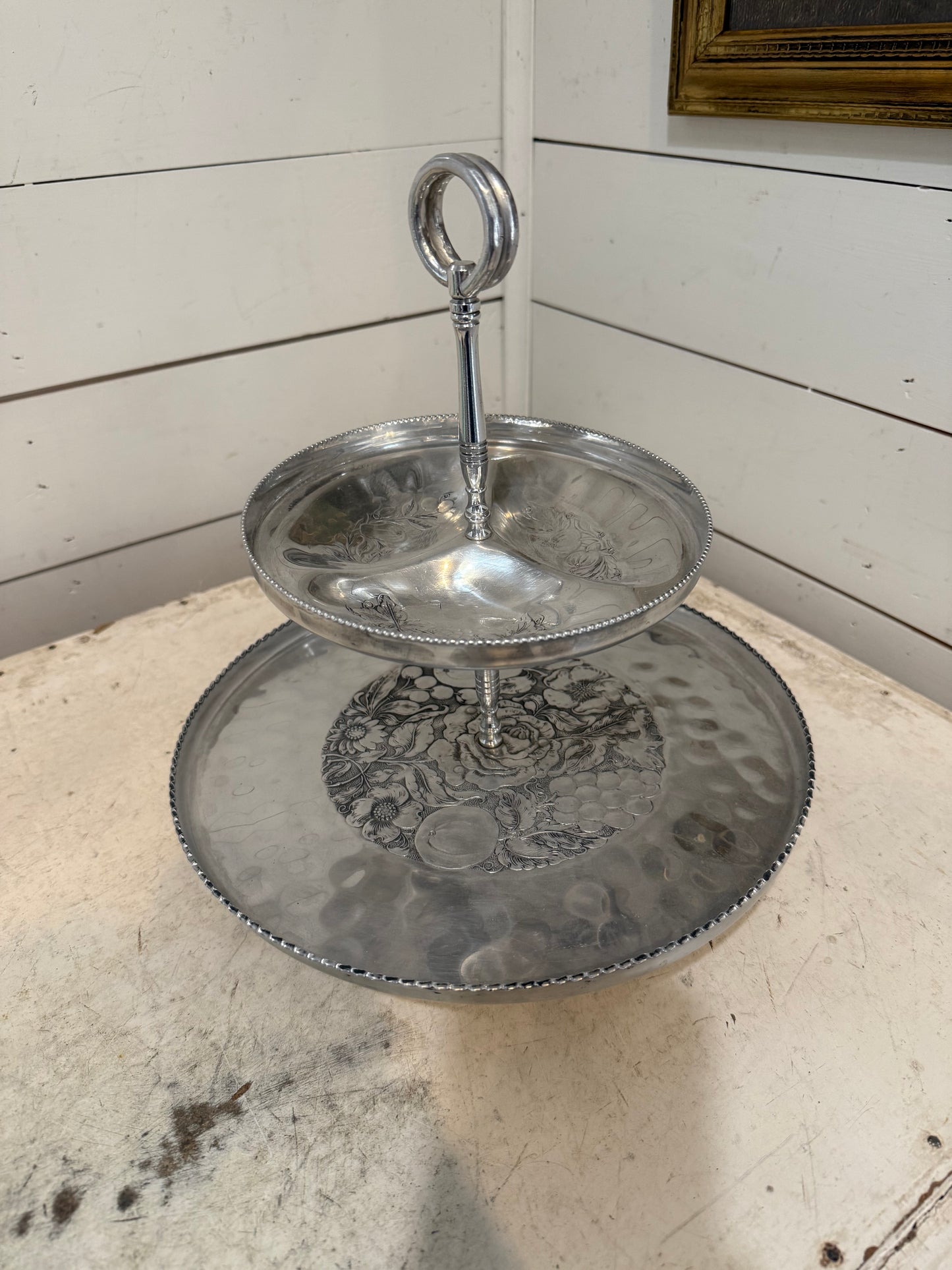 Vintage Two Tier Embossed Aluminum Tray