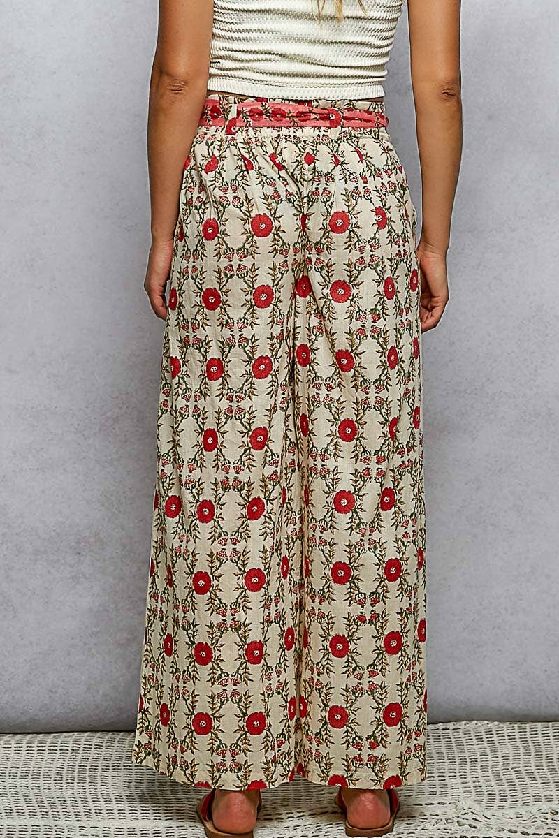 Waist Belt Floral Pattern Straight Fit Pants
