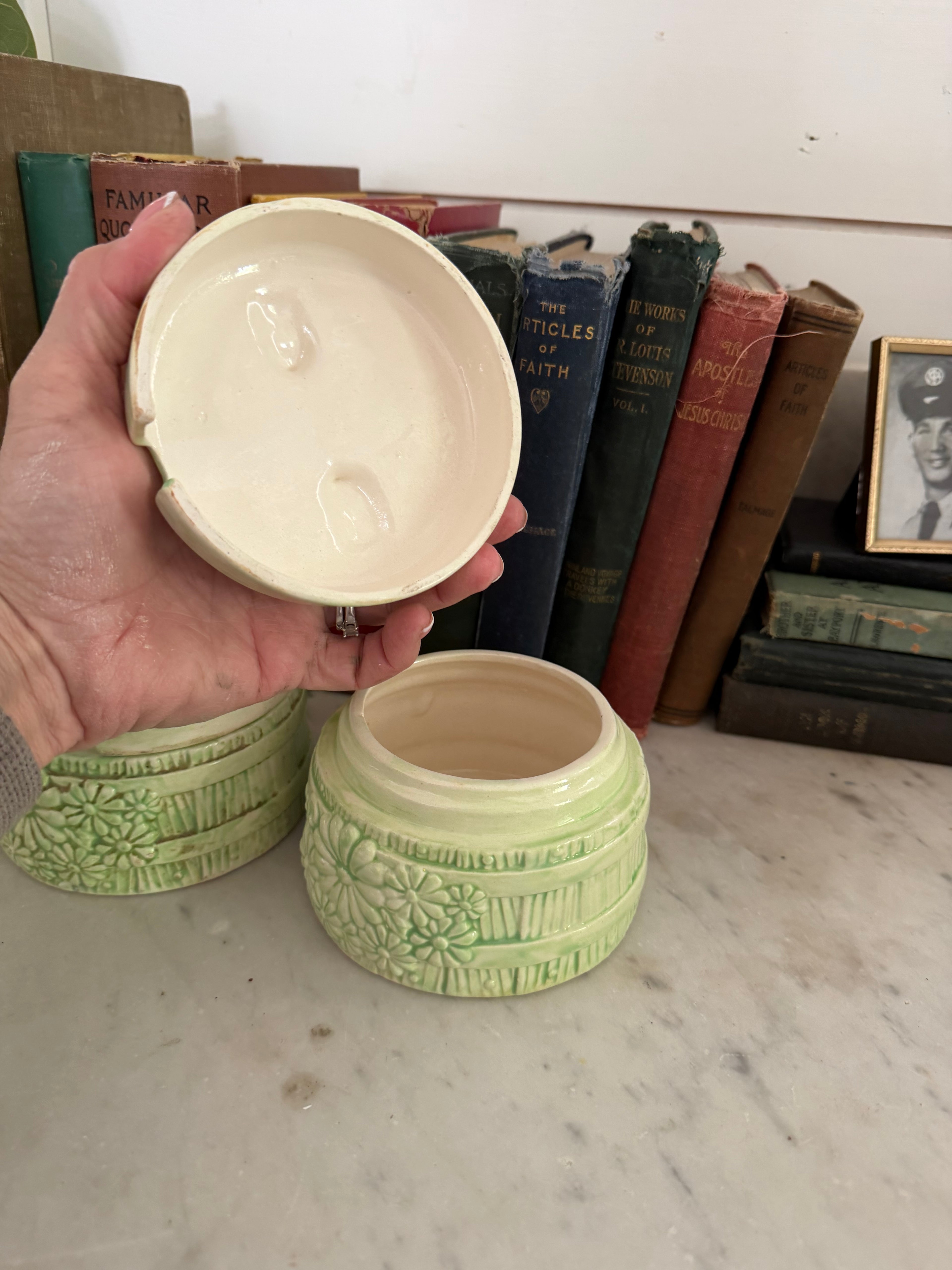 vintage ceramic "Cottage Ware" style canisters set