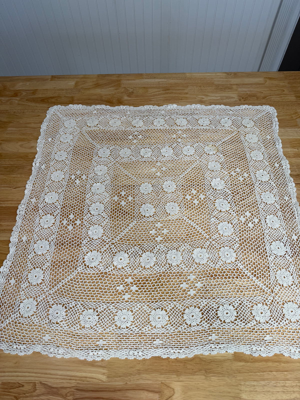 Vintage Crochet Square Off White Tablecloth - 36” X 36”