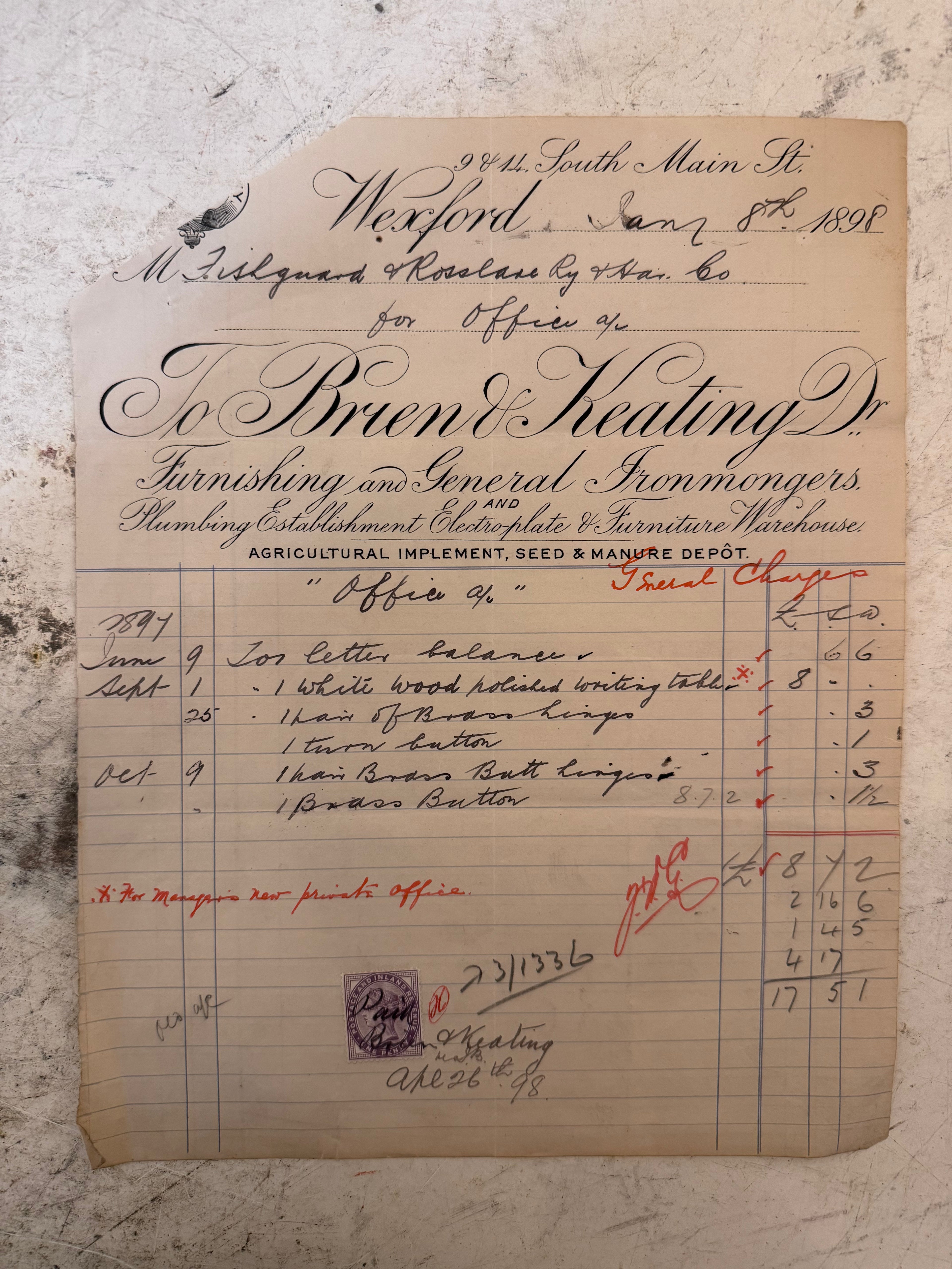 Wexford Railway Manifest Ephemera Jan. 8th, 1898